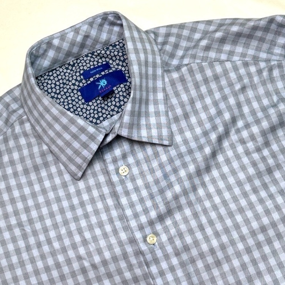Egara Men Non-Iron Gingham Check Long Sleeve Dress Shirt Size L Blue Grey Office